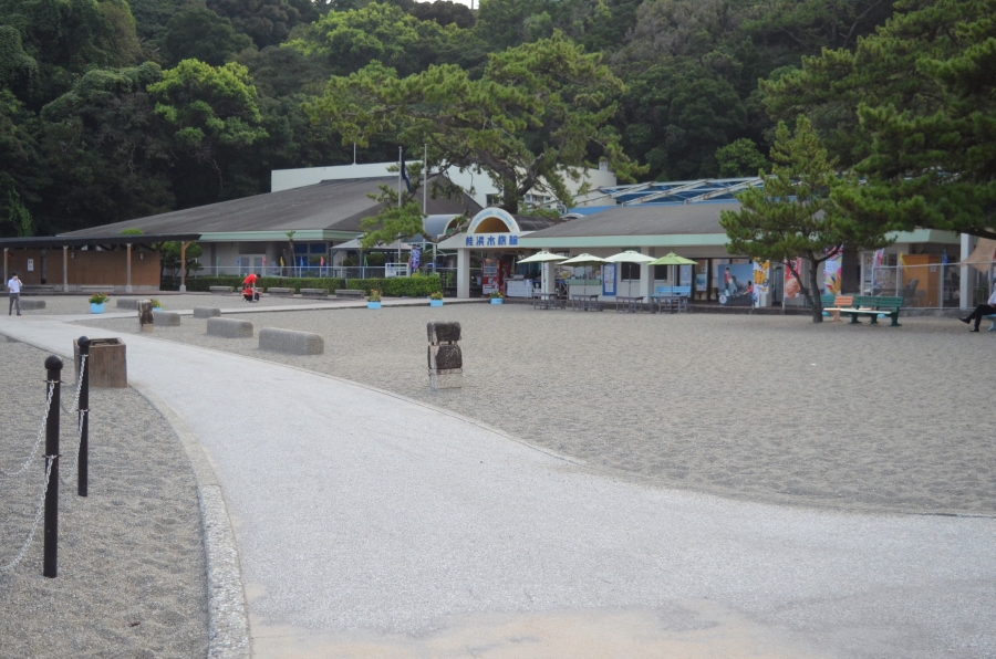 砂浜に水族館へ続く遊歩道があります