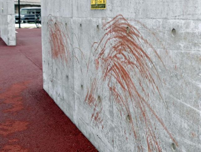 白いオブジェはスケボーで乗り上げたとみられる赤い跡で汚されていた（高知市高埇）