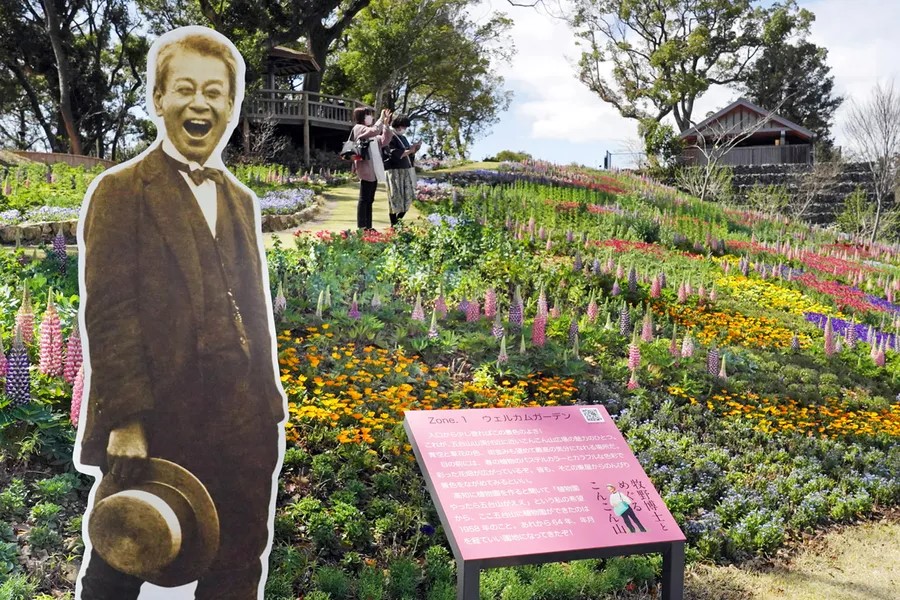 色鮮やかな春の花々と牧野富太郎博士のパネルが目を引くフラワーショー（高知新聞2022年3月20日掲載）
