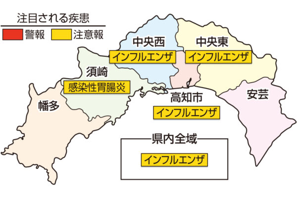 インフルエンザが高知県全域で注意報、感染性胃腸炎が須崎で注意報です｜高知県の感染症情報（2023年1月30日～2月5日）