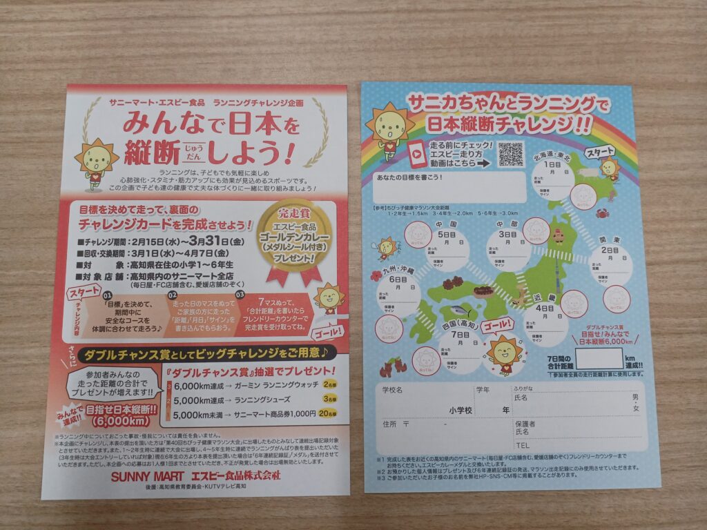 チャレンジカードは高知県内のサニーマート全店（毎日屋、FC店舗を含む。愛媛店舗を除く）でもらえます