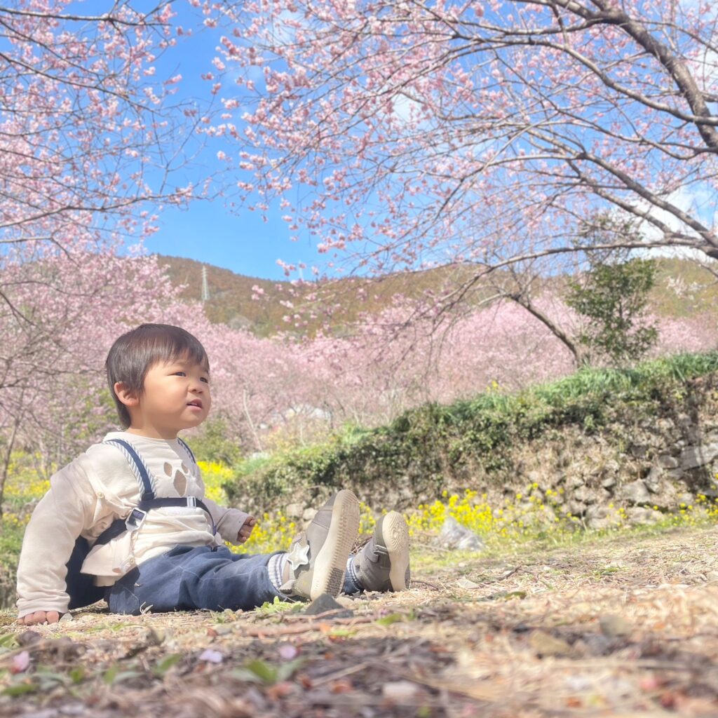 雪割桜を見るために駐車場から歩いて行き、さぁ写真を撮ろう！と思ったら「もう歩くのイヤ〜」と座り込んだ時の写真です