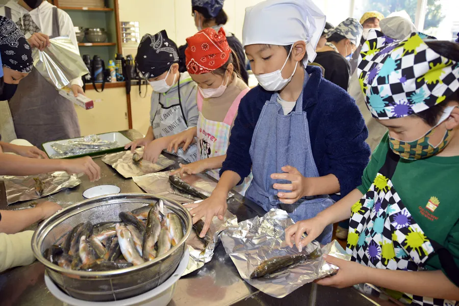 郷土料理の調理実習で、落ちアユに塩をすり込む児童（四万十市の中村南小学校）