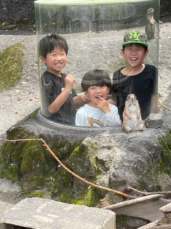 野市動物園にて。年子兄弟と３歳の従兄弟、プレーリードッグのショット。 自分たちのカプセルの前のプレーリードッグが一緒に写真を撮ってくれました。あまりに完璧なポージングに３人とも笑顔に