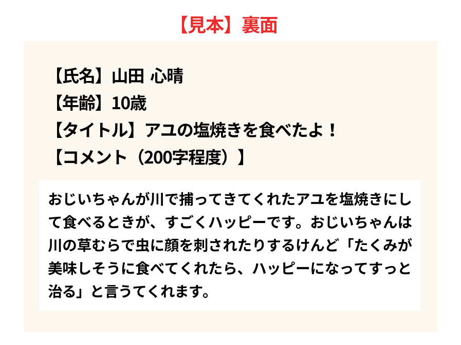 作品の裏面に「氏名」「年齢」「保護者の氏名」「住所」「電話番号」「タイトル」「コメント」を記入してください