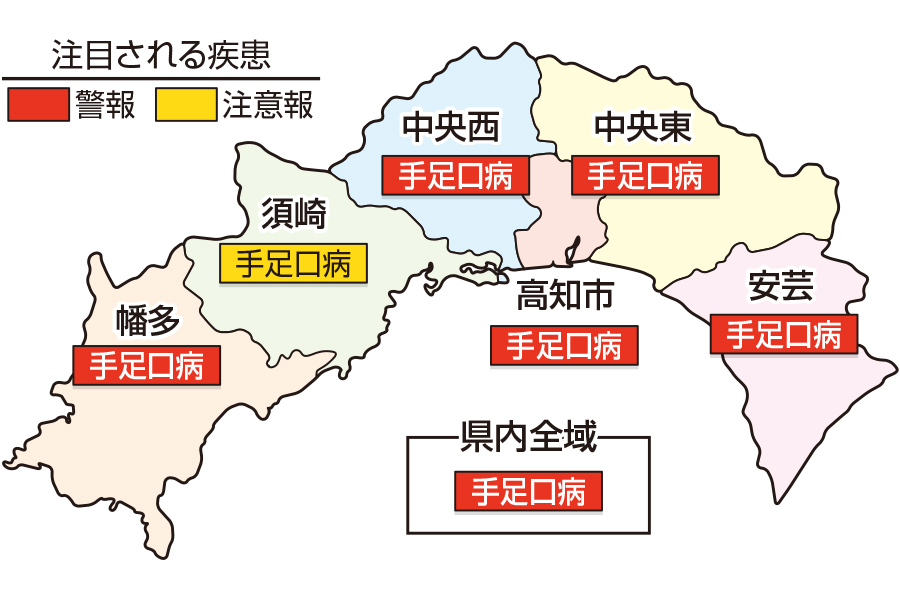 手足口病が高知県全域、安芸、中央東、高知市、中央西、幡多で警報です｜高知県の感染症情報（2024年10月7～13日）