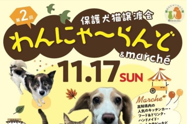 高知市で「第2回わんにゃ～らんど」（さくらビレッジ）｜保護犬、保護猫の譲渡会と約40ブースが並ぶマルシェがあります