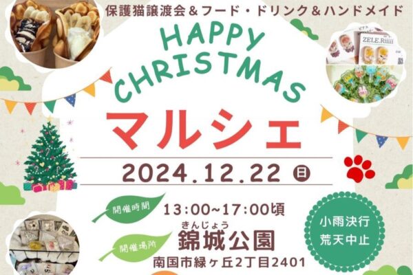 南国市で「ハッピークリスマスマルシェ」（錦城公園）｜保護猫の譲渡会やグルメ、ハンドメイド雑貨などの販売があります