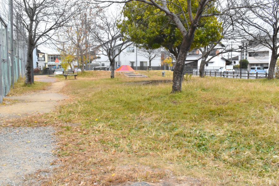 芝生エリア。カラフルな幼児用すべり台も見えてきます