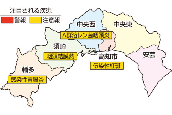 感染性胃腸炎が幡多で注意報、伝染性紅斑（リンゴ病）が高知市で注意報です｜高知県の感染症情報（2025年2月24日～3月2日）