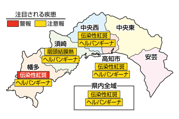 ヘルパンギーナが高知県全域で注意報。伝染性紅斑が幡多で警報、高知県全域で注意報です｜高知県の感染症情報（2025年7月28日～8月3日）