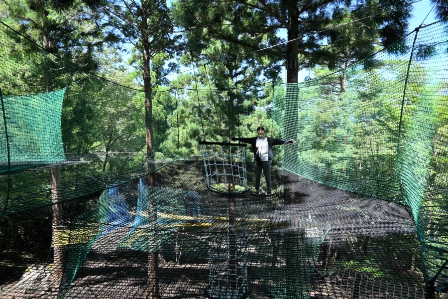 太郎川公園ファンモック｜梼原町の森に新アクティビティー！空中アスレチック「ファンモック」で飛び跳ねよう！