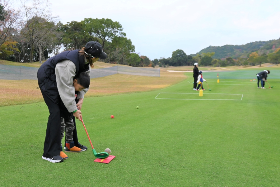 白い枠内がグリーンの想定。フラッグの下の黄色い部分にボールがくっつくと、ホールアウトです