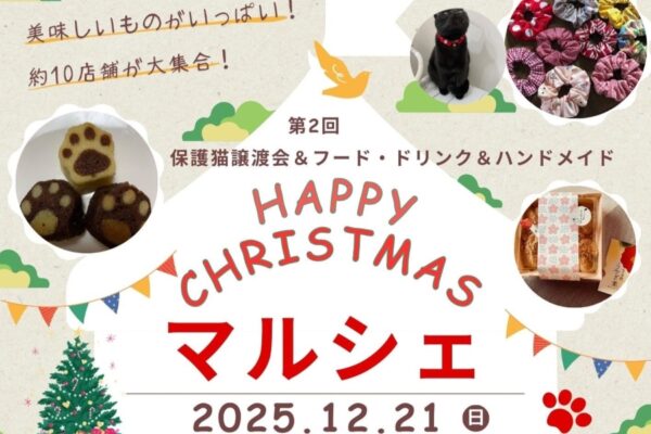 【2025年12月】南国市で「HAPPY　CHRISTMAS　マルシェ」（錦城公園）｜猫モチーフの雑貨、ハンドメイドアクセサリー、グルメ…保護猫譲渡会も開催されます