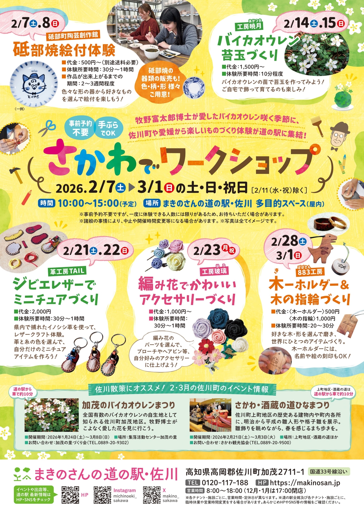 【2026年】佐川町で2/7から「さかわでワークショップ」（まきのさんの道の駅・佐川）｜砥部焼の絵付け体験、バイカオウレン苔玉作り、アクセサリー作り…毎週末楽しめます