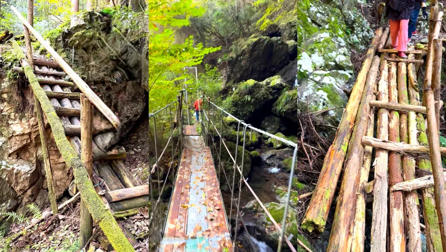 参道にある朽ちかけた木製の橋や階段。つり橋も老朽化が目立ちます（提供写真）
