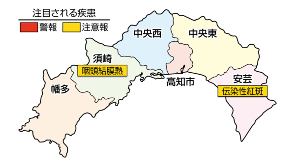 伝染性紅斑（リンゴ病）が安芸で注意報、咽頭結膜熱が須崎で注意報です｜高知県の感染症情報（2026年3月9日～15日）