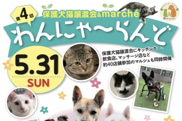 【2026年】高知市の中央公園で5/31に「わんにゃ～らんど」｜保護犬猫譲渡会、ペットフードや雑貨の販売、グルメブースが並ぶマルシェが楽しめます