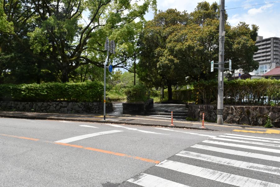 高知公園の西側から道路を渡ります