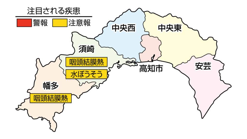 咽頭結膜熱が須崎、幡多で注意報、水ぼうそうが須崎で注意報です|高知県の感染症情報(2026年6月1~7日)