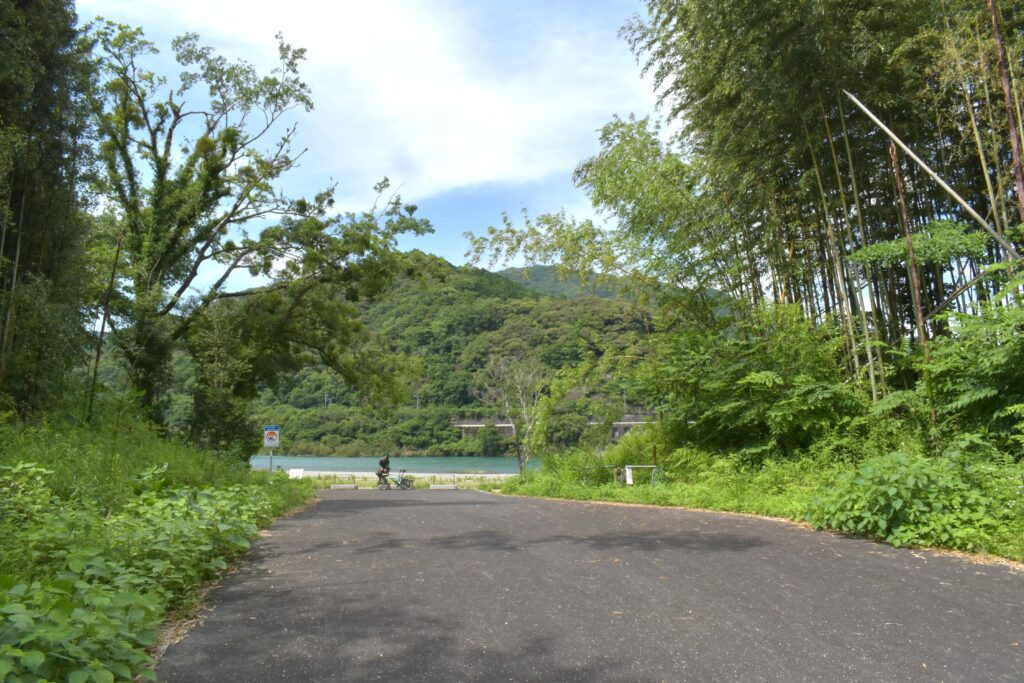 緑に囲まれた通路の先に、仁淀川の青！