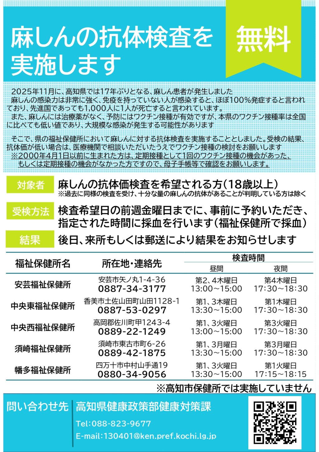 麻しんの抗体検査は保健所で受けられます。検査を受けたい保健所に事前に電話予約をしてください。高知市保健所では行われていませんのでご注意ください（画像は高知県のウェブサイトより）