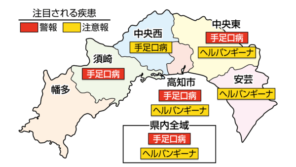 手足口病が中央東、高知市、須崎、高知県全域で警報、中央西で注意報です｜高知県の感染症情報（2026年7月6～12日）
