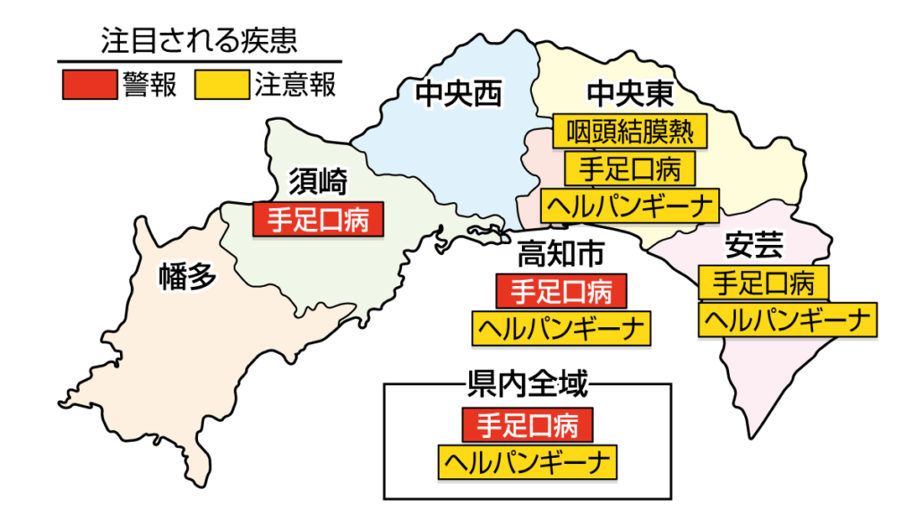 手足口病が須崎、高知市、高知県全域で警報、中央東、安芸で注意報です｜高知県の感染症情報（2026年6月29～7月5日）
