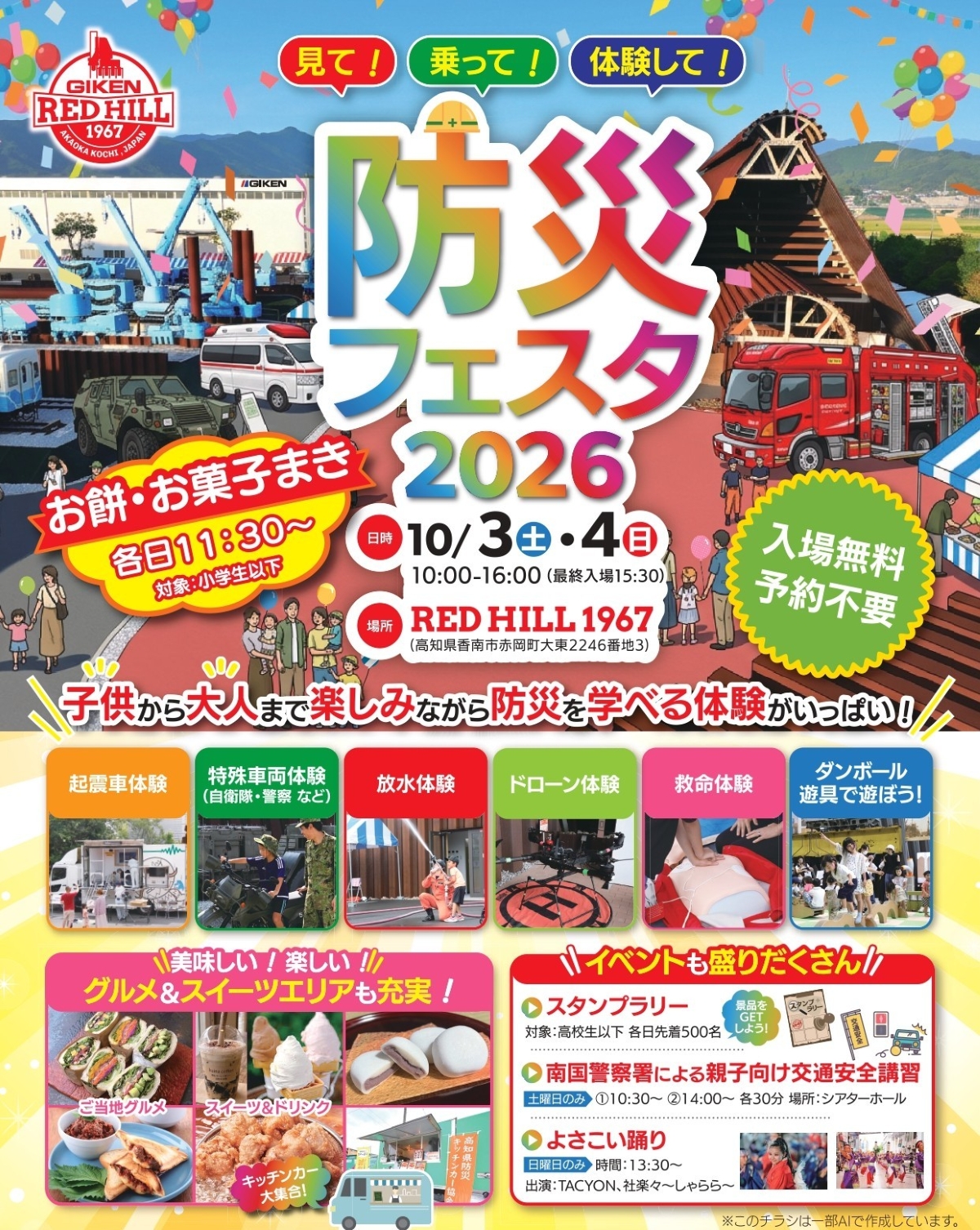 【2026年】香南市で10/3、4に「防災フェスタ」（RED HILL1967）｜起震車や放水、ドローン、救命体験、段ボール遊具…グルメも販売されます
